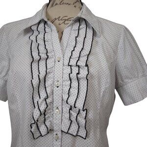 Spense | Polka Dot Ruffle Front Blouse Shirt White | Size L